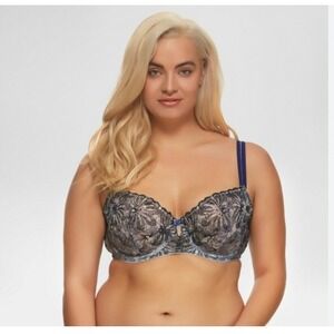 Paramour by Felina Ellie Unlined Demi Bra 32C Blue Floral Embroidery NWT